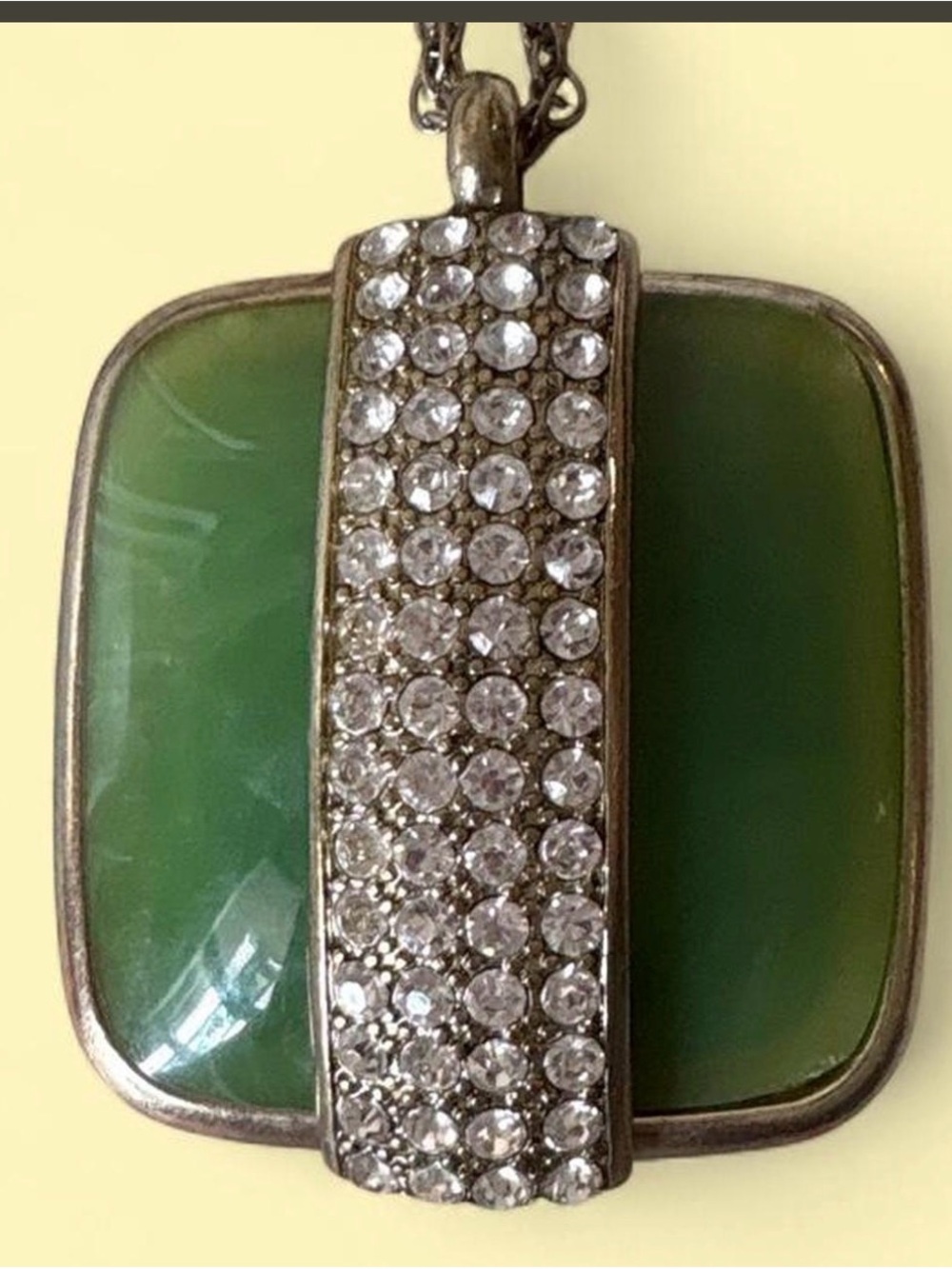 Green faux Jade Pendant Necklace with Crystal Accents 17”